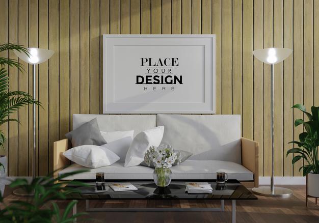 Free Poster Frame In Living Room Mockup Psd