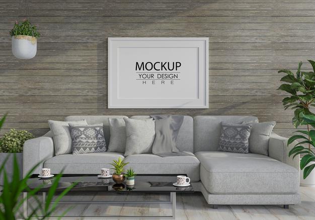 Free Poster Frame In Living Room Mockup Psd