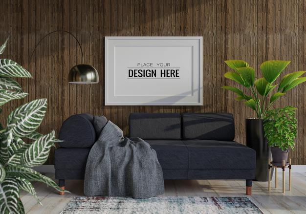 Free Poster Frame In Living Room Mockup Psd