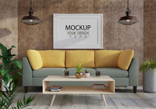 Free Poster Frame In Living Room Mockup Psd