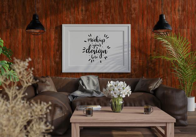 Free Poster Frame In Living Room Mockup Psd