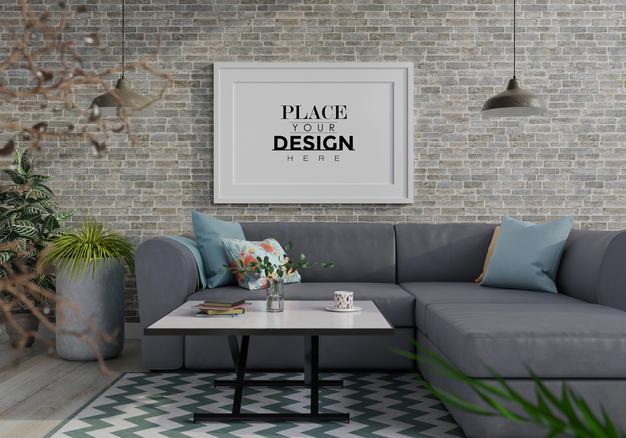 Free Poster Frame In Living Room Mockup Psd