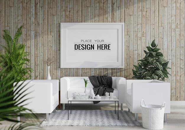 Free Poster Frame In Living Room Mockup Psd