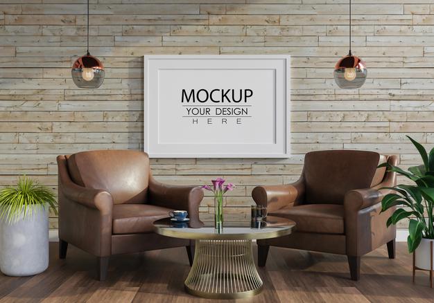 Free Poster Frame In Living Room Mockup Psd