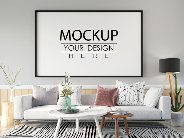 Free Poster Frame In Living Room Mockup Psd