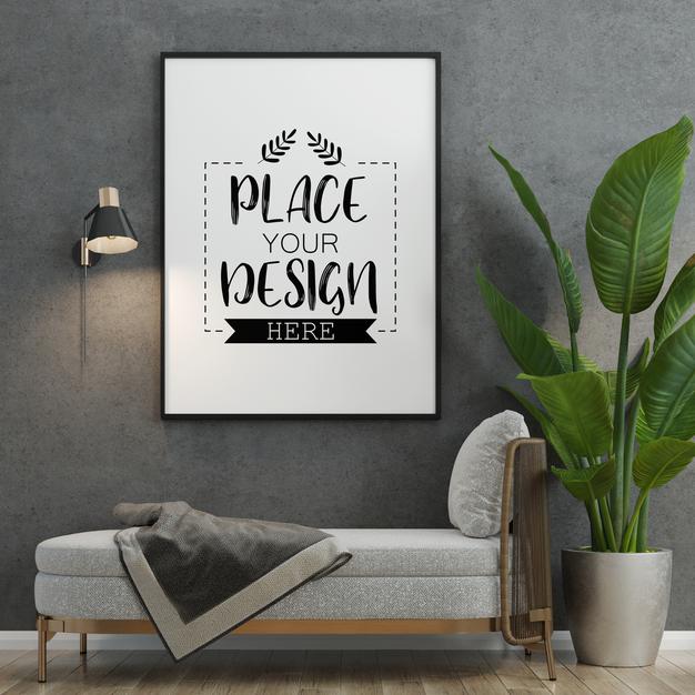 Free Poster Frame In Living Room Mockup Psd