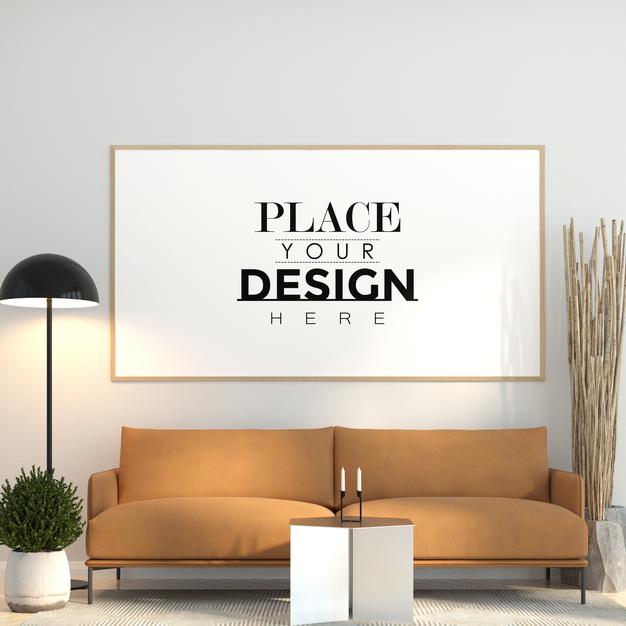 Free Poster Frame In Living Room Mockup Psd