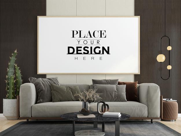 Free Poster Frame In Living Room Mockup Psd