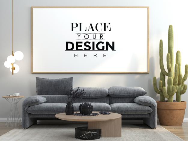 Free Poster Frame In Living Room Mockup Psd