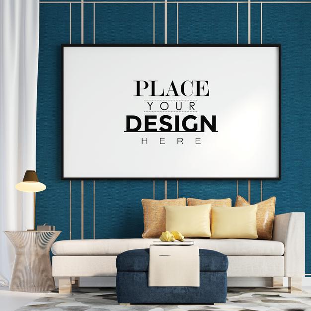 Free Poster Frame In Living Room Mockup Psd