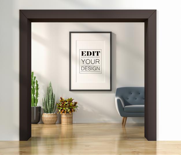 Free Poster Frame In Living Room Mockup Psd