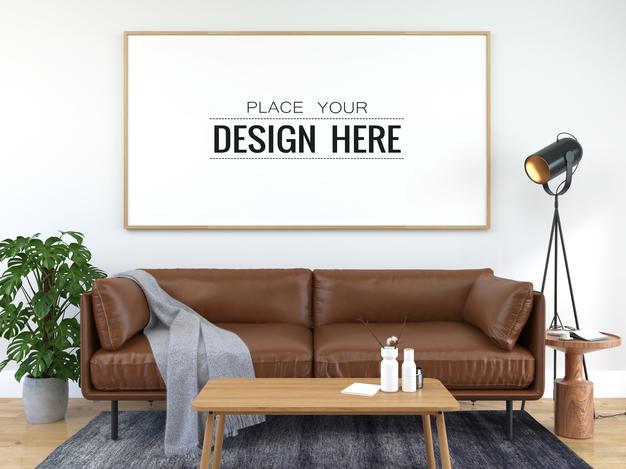 Free Poster Frame In Living Room Psd Mockup Psd