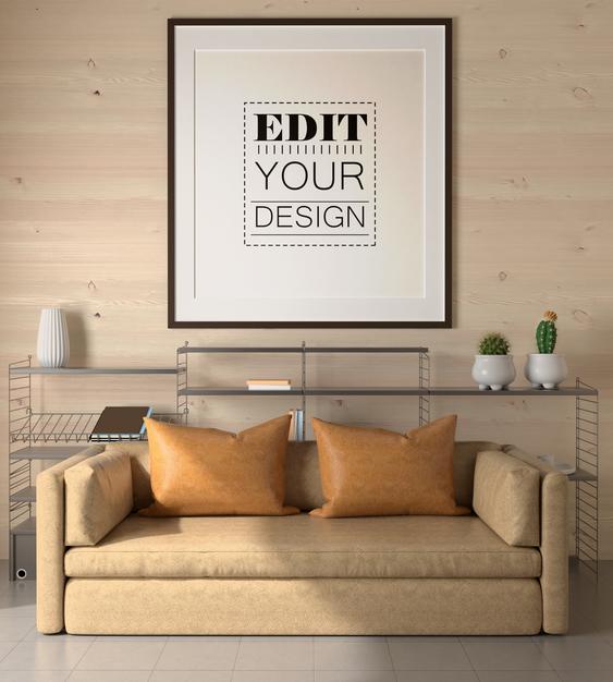 Free Poster Frame In Living Room Psd Mockup Psd