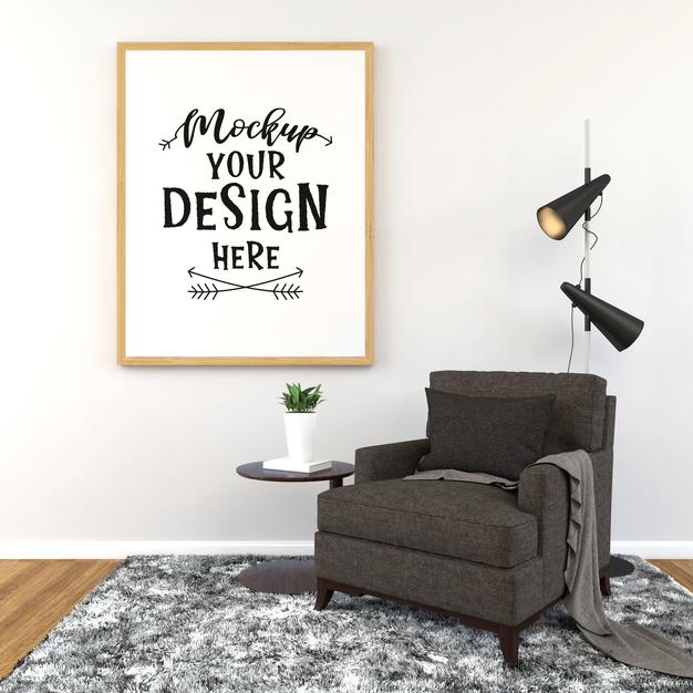 Free Poster Frame In Living Room Psd Mockup Psd