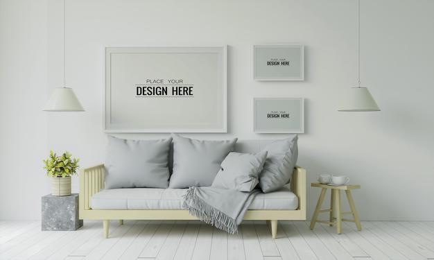 Free Poster Frame In Living Room Psd Mockup Psd