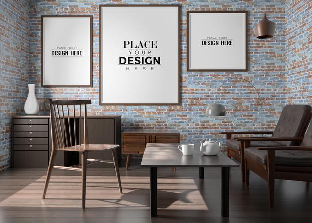 Free Poster Frame In Living Room Psd Mockup Psd