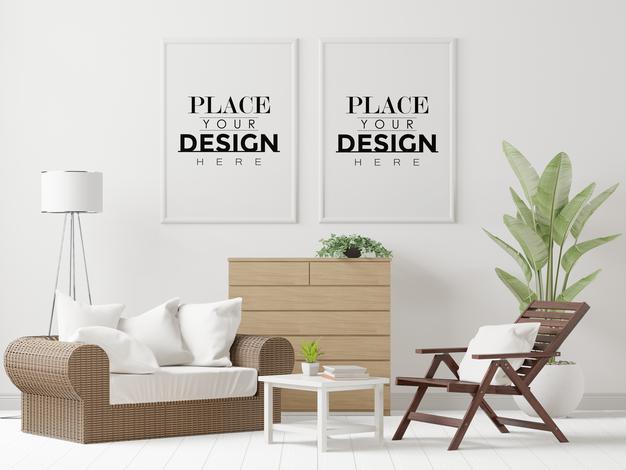 Free Poster Frame In Living Room Psd Mockup Psd