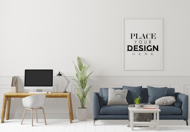 Free Poster Frame In Living Room Psd Mockup Psd