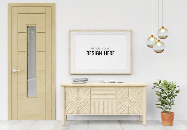 Free Poster Frame In Living Room Psd Mockup Psd