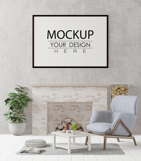 Free Poster Frame In Living Room Psd Mockup Psd