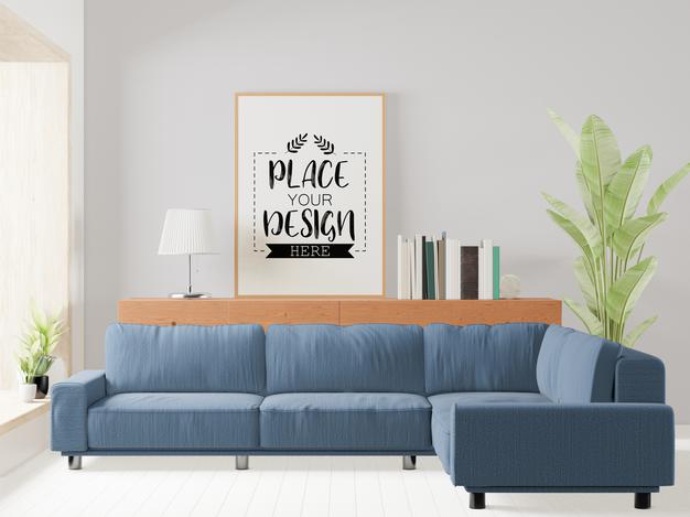 Free Poster Frame In Living Room Psd Mockup Psd