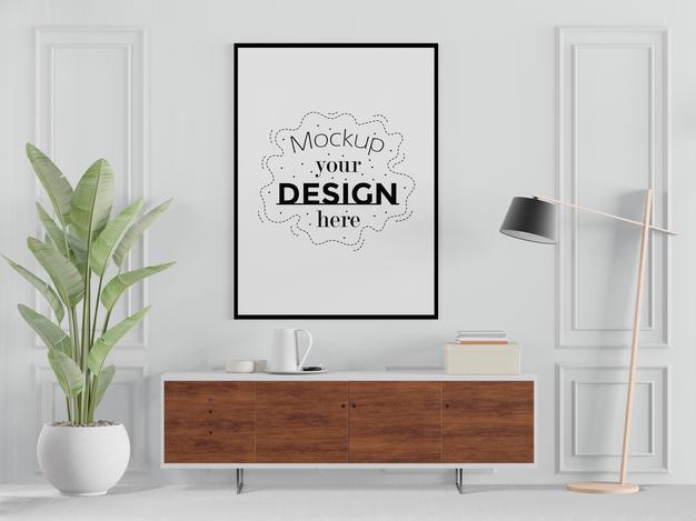 Free Poster Frame In Living Room Psd Mockup Psd