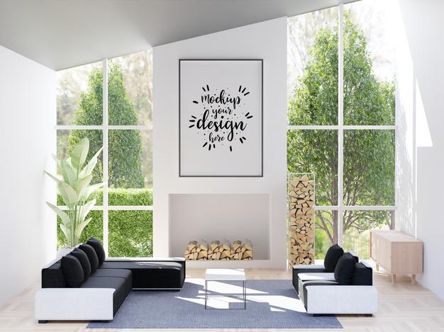 Free Poster Frame In Living Room Psd Mockup Psd