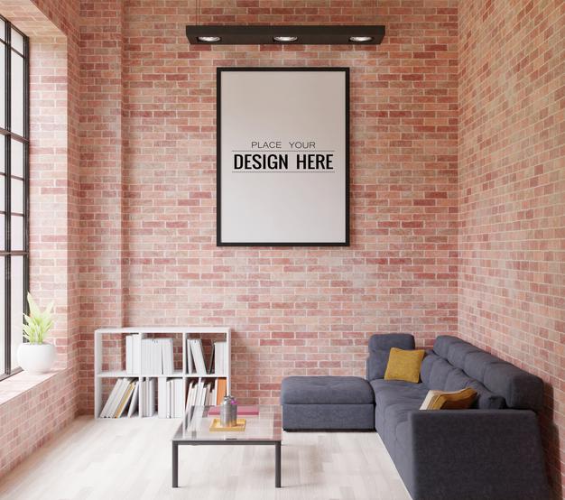 Free Poster Frame In Living Room Psd Mockup Psd