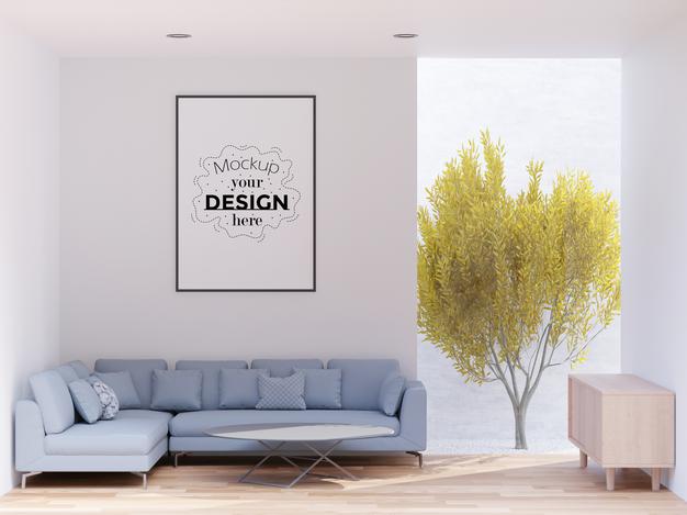 Free Poster Frame In Living Room Psd Mockup Psd