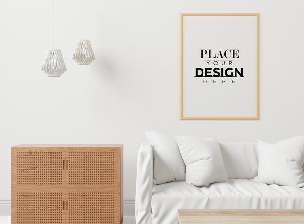 Free Poster Frame In Living Room Psd Mockup Psd