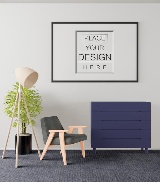 Free Poster Frame In Living Room Psd Mockup Psd