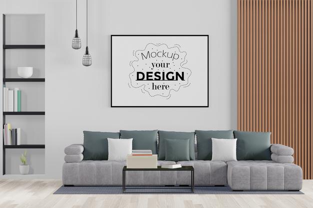 Free Poster Frame In Living Room Psd Mockup Psd