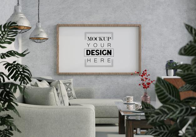 Free Poster Frame In Living Room Psd Mockup Psd