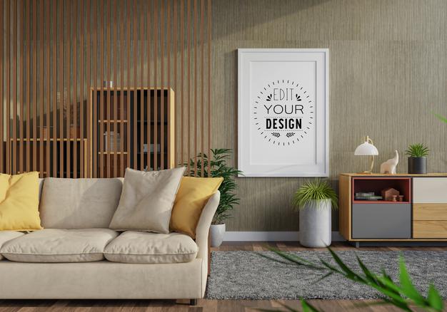 Free Poster Frame In Living Room Psd Mockup Psd