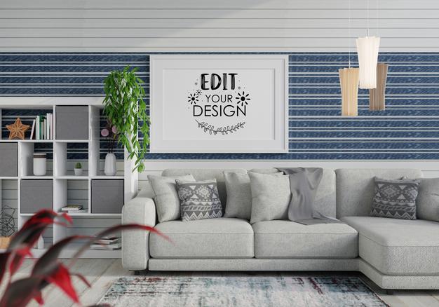 Free Poster Frame In Living Room Psd Mockup Psd