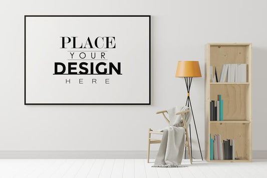 Free Poster Frame In Living Room With Bookshelf And Chair Psd