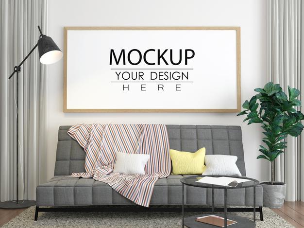 Free Poster Frame Mockup In Living Room Psd