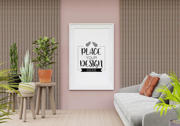 Free Poster Frame Mockup In Living Room Psd