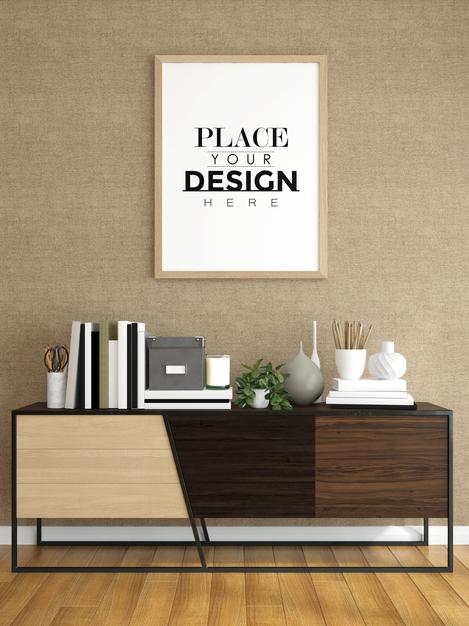 Free Poster Frame Mockup In Living Room Psd