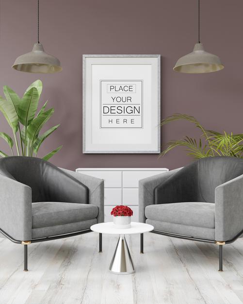 Free Poster Frame Mockup In Living Room Psd