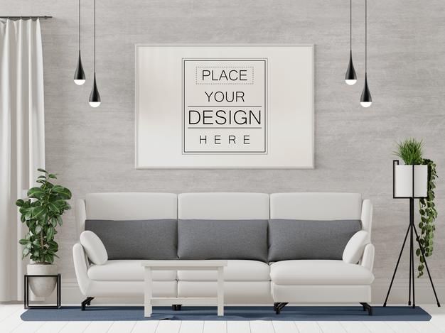 Free Poster Frame Mockup In Living Room Psd