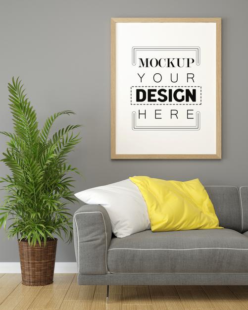 Free Poster Frame Mockup In Living Room Psd