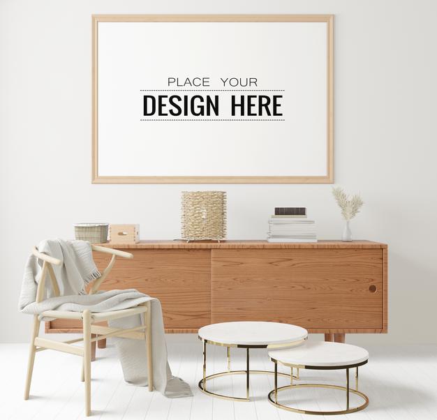 Free Poster Frame Mockup In Living Room Psd