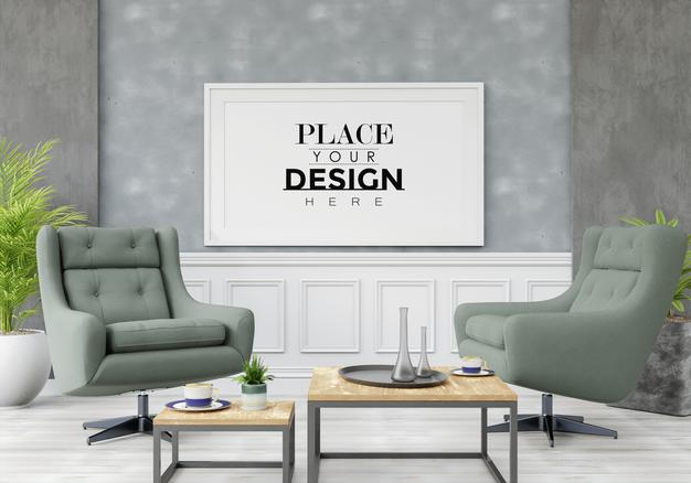 Free Poster Frame Mockup In Living Room Psd