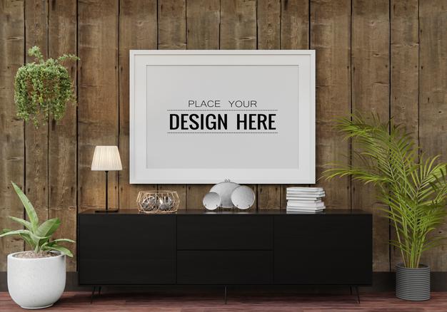 Free Poster Frame Mockup In Living Room Psd