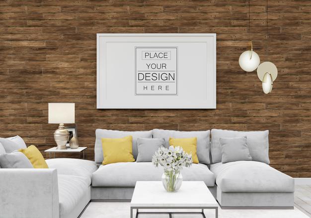 Free Poster Frame Mockup In Living Room Psd