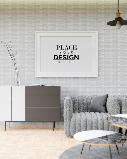 Free Poster Frame Mockup In Living Room Psd