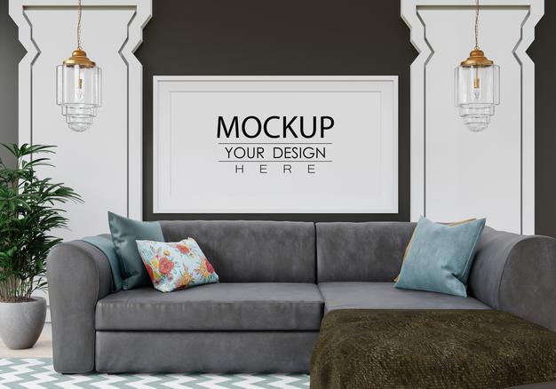 Free Poster Frame Mockup In Living Room Psd