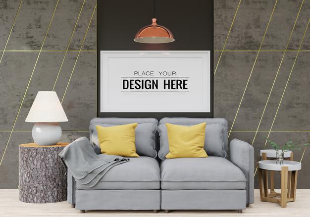 Free Poster Frame Mockup In Living Room Psd