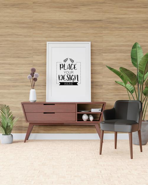 Free Poster Frame Mockup In Living Room Psd